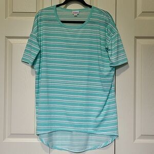 LuLaRoe Irma Aqua / Mint & White Stripe Tunic T Top XS Oversized Short Sleeves